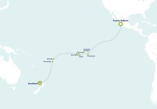 Route Kreuzfahrt Südsee buchen bei REISEBÜRO Wache Erfurt, Nicko Cruises; im Bild: Die Route von Auckland/Neuseeland über die Cook Inseln, Französisch Polynesien nach Puerto Vallarta in Mexiko