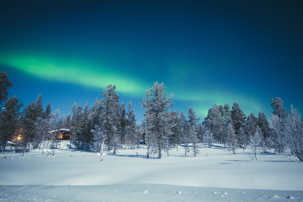 Finnland Urlaub Polarlichter sehen mit REISEBÜRO Wache, Erfurt; im Bild: grüne Polarlichter am Himmel über verschneiten Nadelbäumen und weißer Landschaft, 2 Hütten mit Licht im Hintergrund